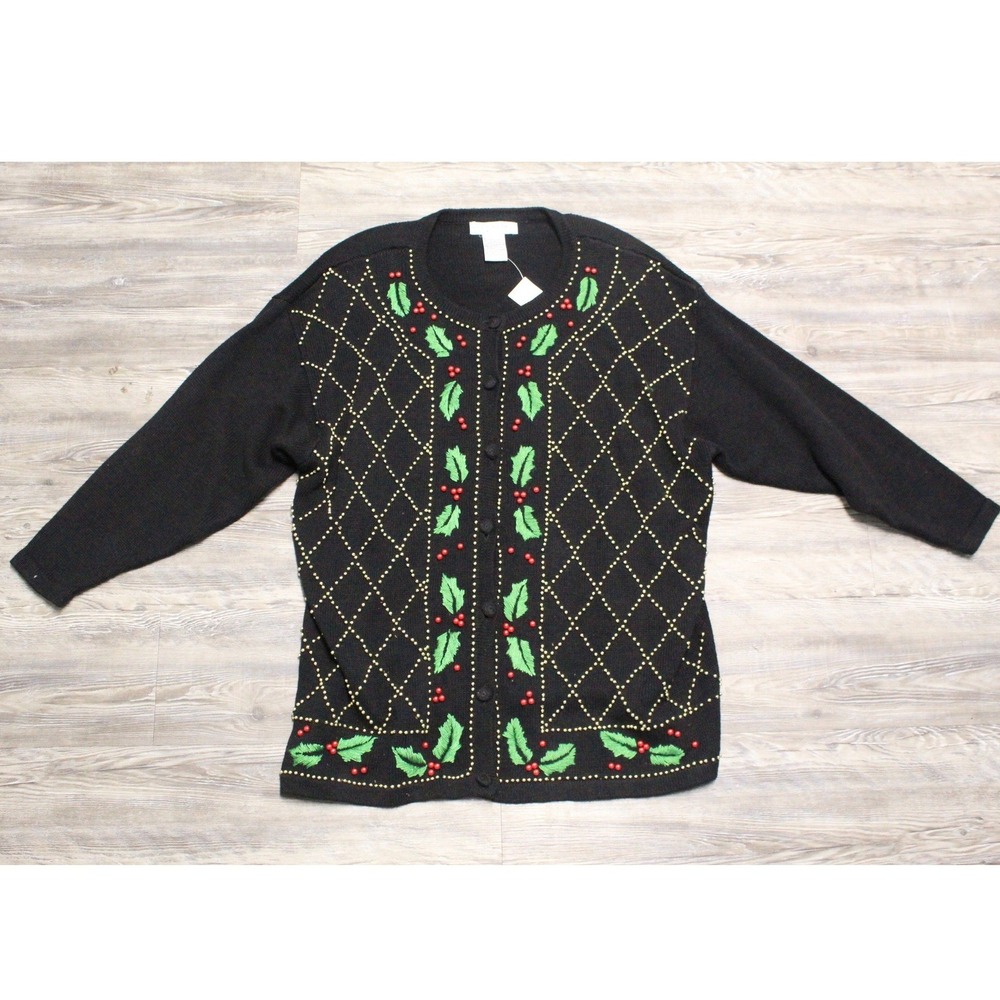 Victoria Jones Woman 3X Plus Beaded Christmas Cardigan Black Holly Holiday NWT